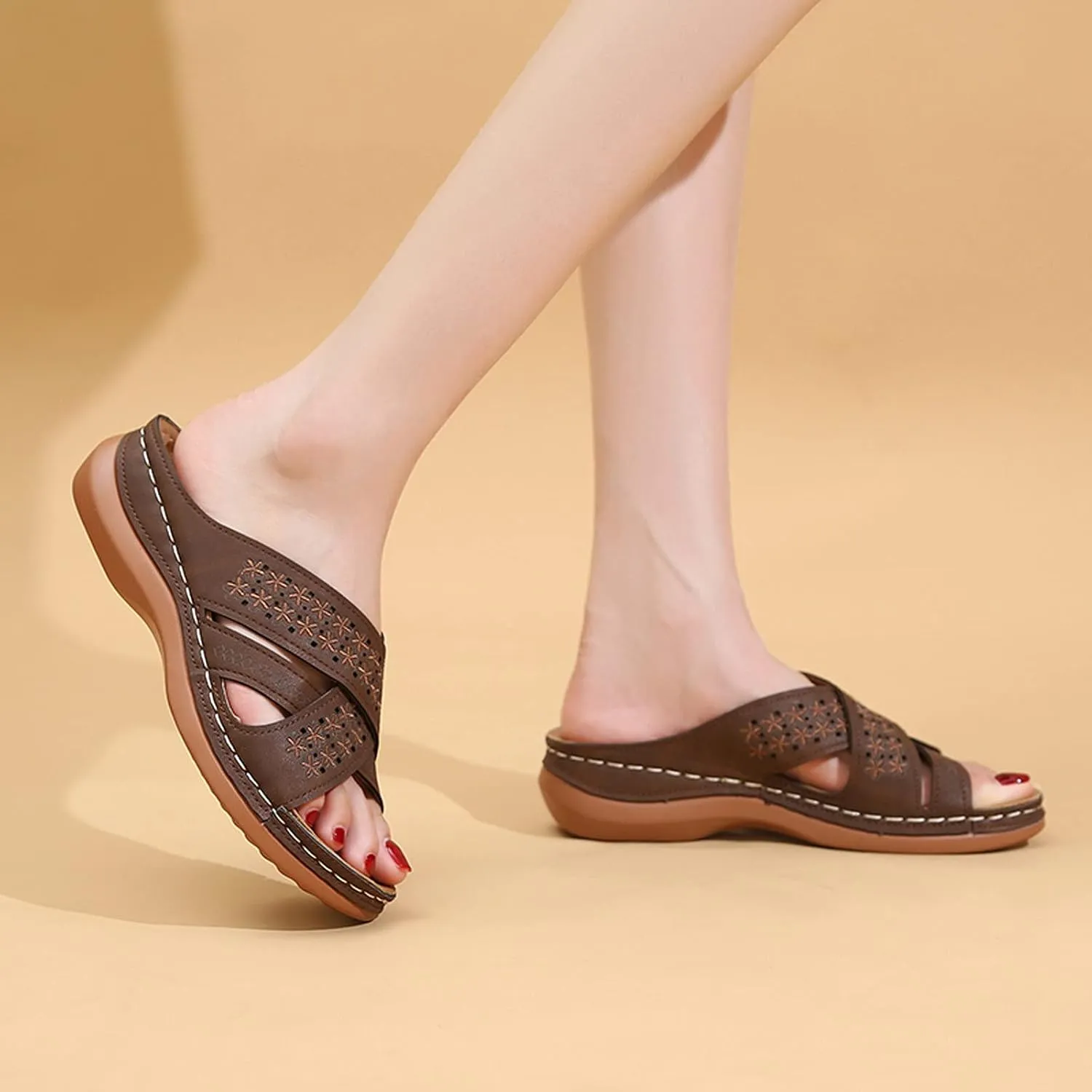 Sandals for Women Casual Summer Solid Color Cross Straps Hollow Out Slope Heel Slipper Fashion Comfortable Wedge Sandals