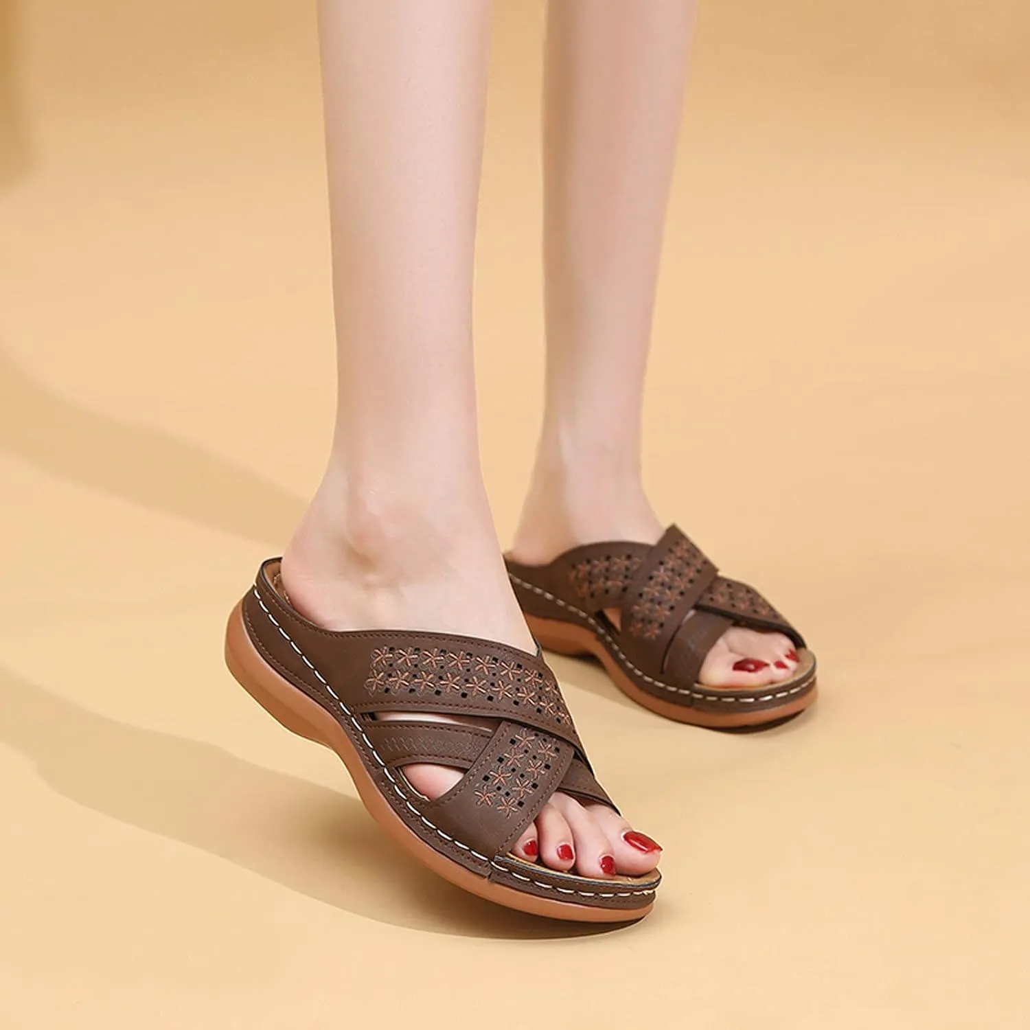 Sandals for Women Casual Summer Solid Color Cross Straps Hollow Out Slope Heel Slipper Fashion Comfortable Wedge Sandals