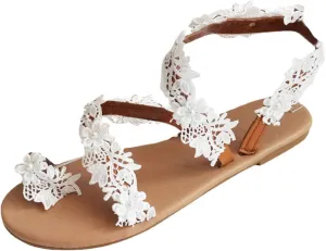 Sandals for Women Dressy Casual Summer Bohemian Lace Flower Sandal Comfortable Elastic Ankle Strap Beach Shoes