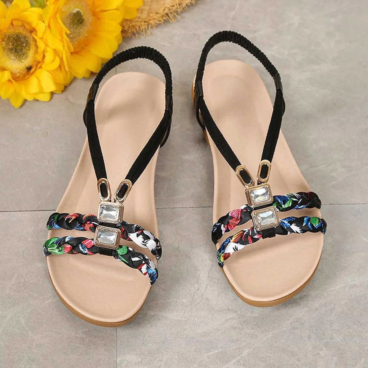 Sandals for Women Dressy Summer Flat Casual Summer Comfort Beach Shoes Non Slip On Casual Walking Shoes Rhinestone Jeweled Elastic Ankle Strap Bohemian Flats