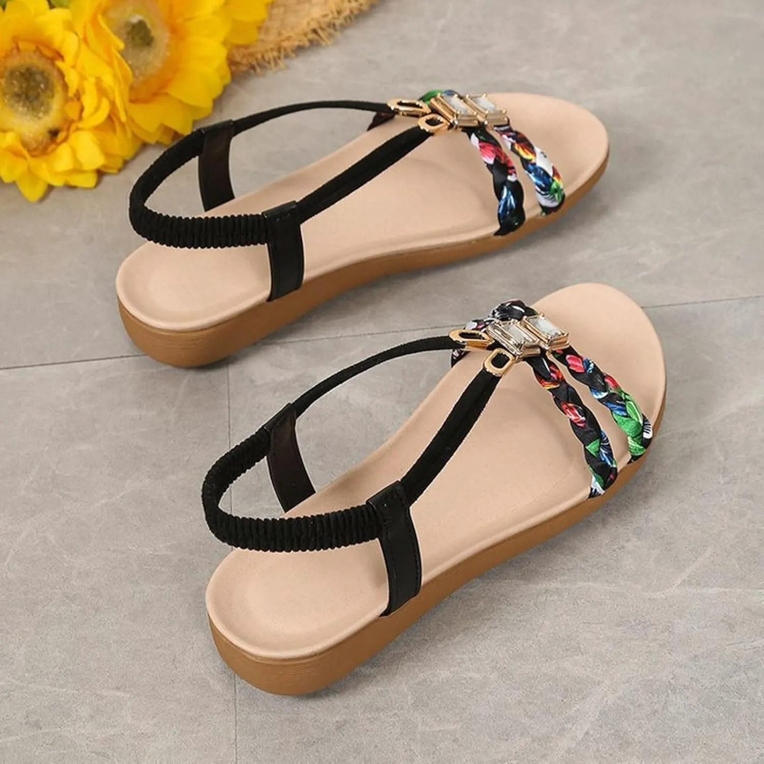 Sandals for Women Dressy Summer Flat Casual Summer Comfort Beach Shoes Non Slip On Casual Walking Shoes Rhinestone Jeweled Elastic Ankle Strap Bohemian Flats