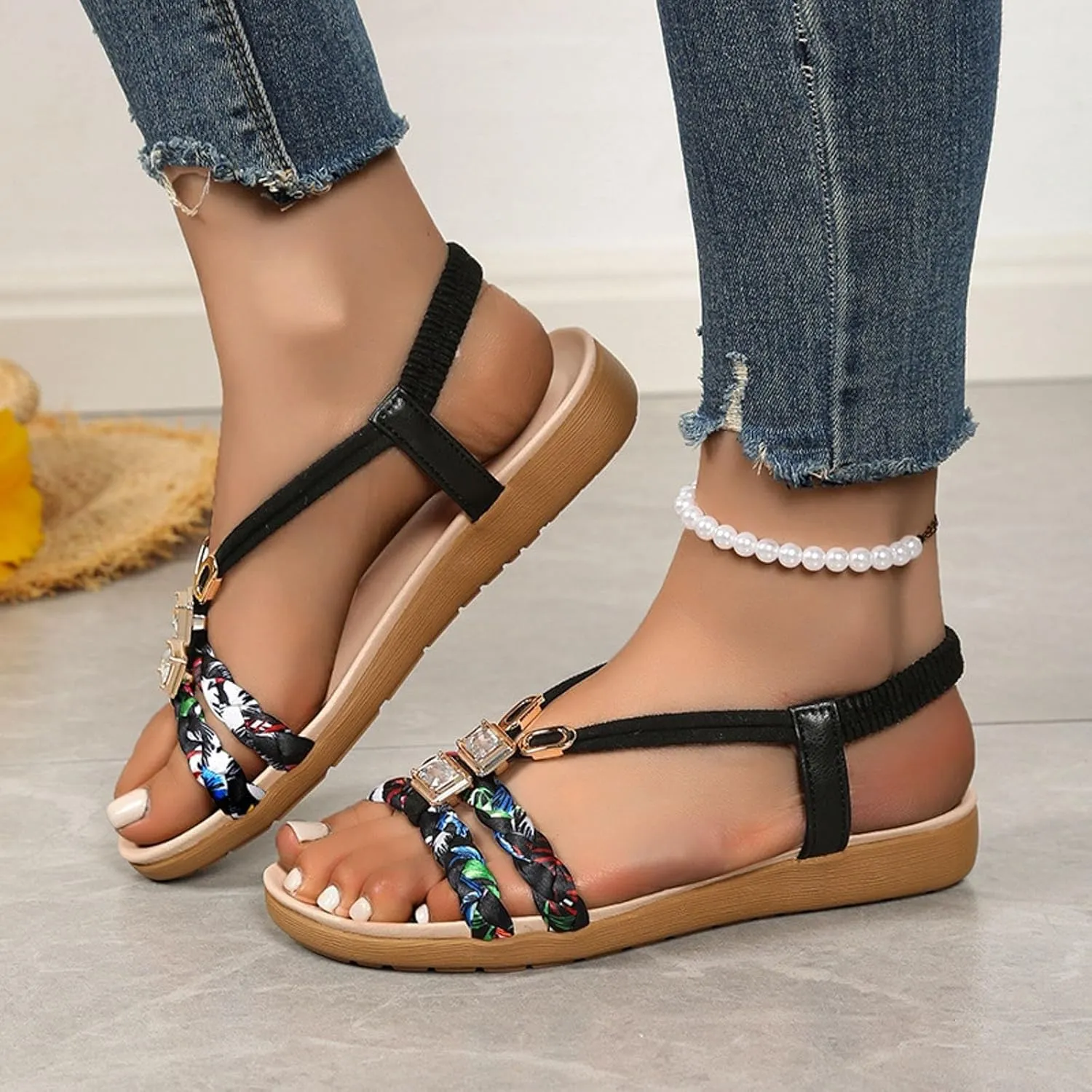 Sandals for Women Dressy Summer Flat Casual Summer Comfort Beach Shoes Non Slip On Casual Walking Shoes Rhinestone Jeweled Elastic Ankle Strap Bohemian Flats