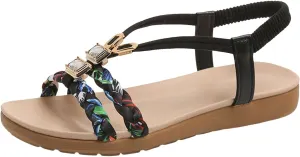 Sandals for Women Dressy Summer Flat Casual Summer Comfort Beach Shoes Non Slip On Casual Walking Shoes Rhinestone Jeweled Elastic Ankle Strap Bohemian Flats