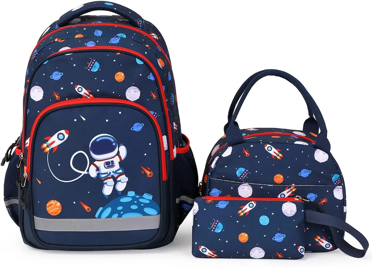 School Backpack Kids Bookbag Set-with Lunch Bag & Pencil Case Elementary Preschool Kindergarten Supplies for Boys Large Capacity Backpack Set (Dark Blue Space)