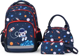 School Backpack Kids Bookbag Set-with Lunch Bag & Pencil Case Elementary Preschool Kindergarten Supplies for Boys Large Capacity Backpack Set (Dark Blue Space)