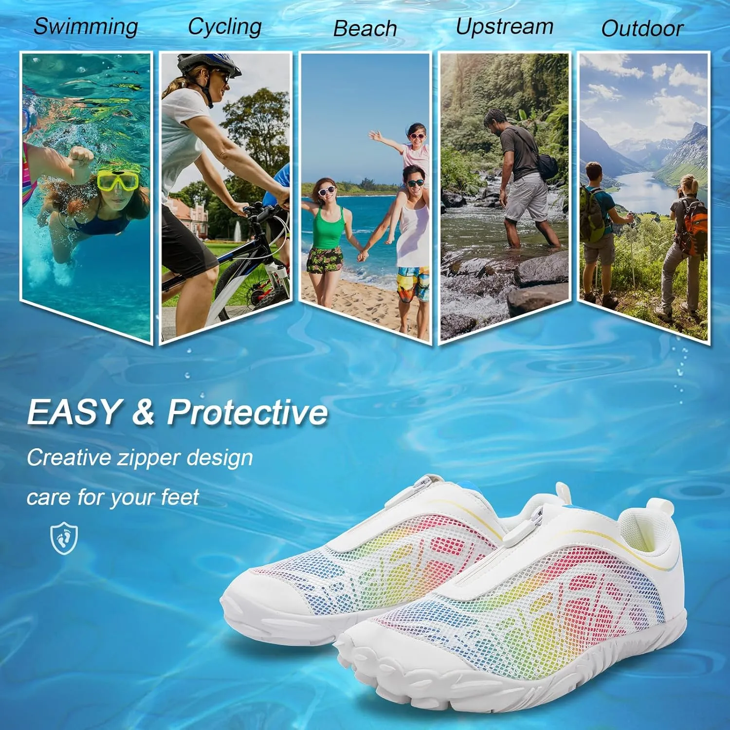Scurtain Unisex Mens Womens Water Shoes Athletic Sports Aqua Shoes Barefoot Hiking Water Shoes Quick Dry Yoga Pool Swim Surf Beach Walking Shoes with Zipper