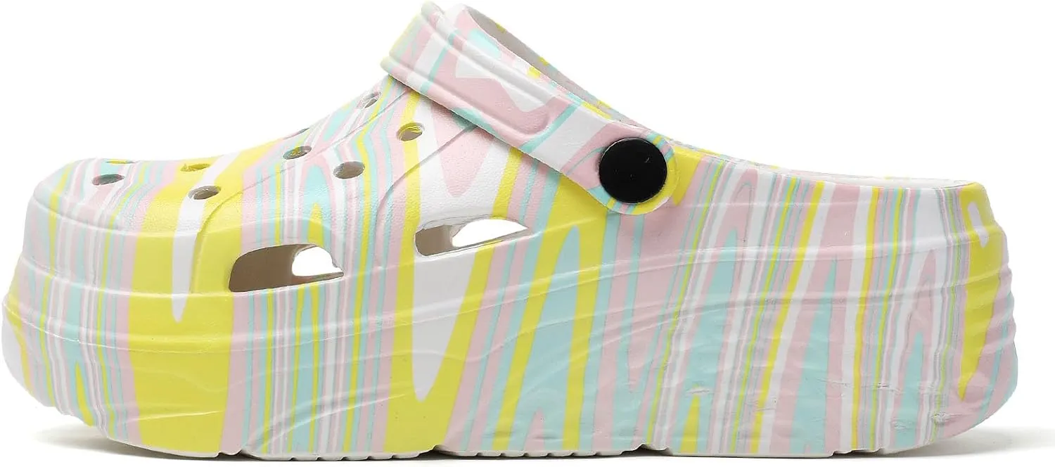 SECHRITE Womens Platform Graphic Clogs Garden Shoes Slip On Sandals Water Beach Outdoor Slippers Shoes with Removable Insole