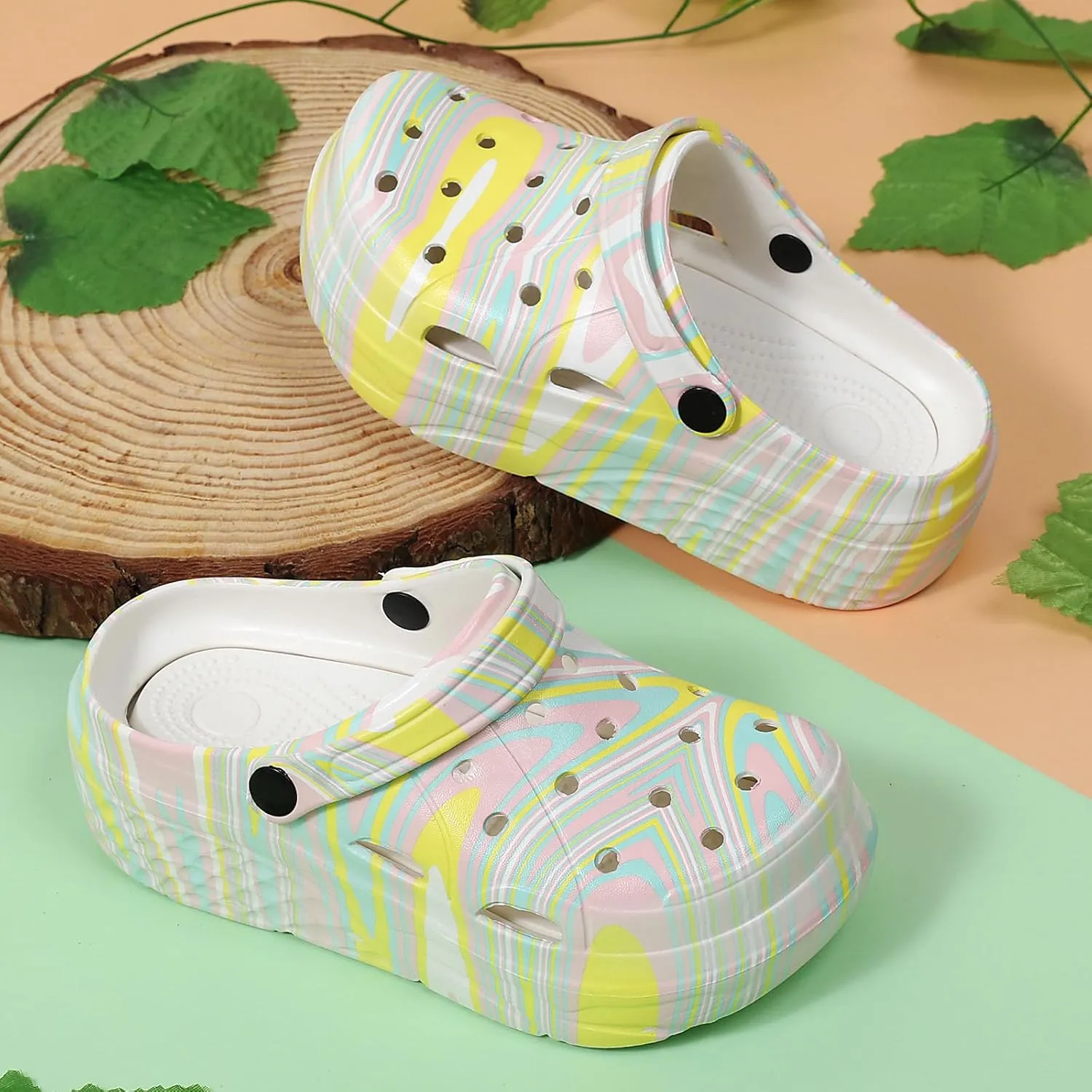 SECHRITE Womens Platform Graphic Clogs Garden Shoes Slip On Sandals Water Beach Outdoor Slippers Shoes with Removable Insole