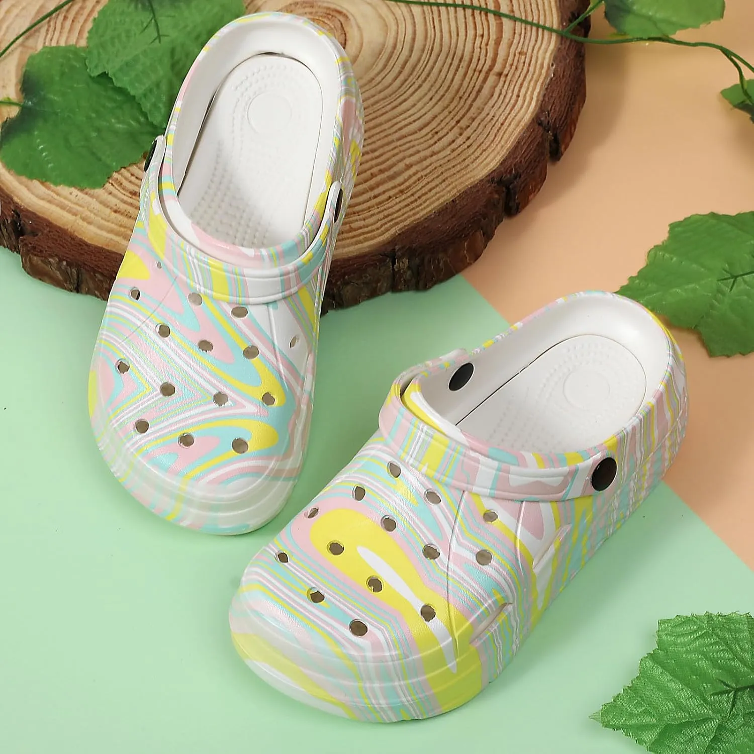 SECHRITE Womens Platform Graphic Clogs Garden Shoes Slip On Sandals Water Beach Outdoor Slippers Shoes with Removable Insole