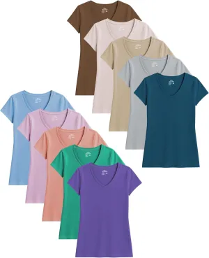 Sexy Basics Women's 5 & 10 Pack Casual & Active Cotton Stretch V Neck Short Sleeve Shirts