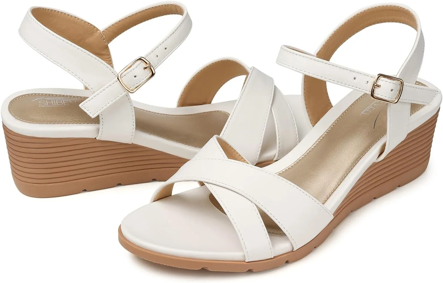 SHIBEVER Womens Sandals Wedge Low: Buckle Ankle Strap Wedge Sandal - Dressy Sandals Women - Comfortable Summer