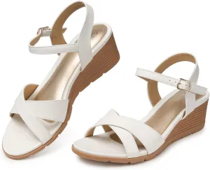 SHIBEVER Womens Sandals Wedge Low: Buckle Ankle Strap Wedge Sandal - Dressy Sandals Women - Comfortable Summer