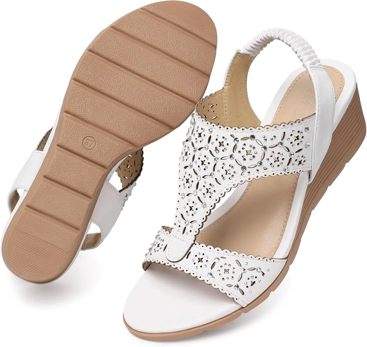 SHIBEVER Womens Sandals Wedge Low: Elastic Ankle Strap Wedge Sandals - Dressy Sandals Women - Comfortable Open Toe