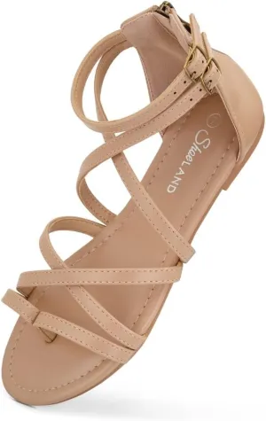Shoe Land Flat Gladiator Sandals for Women 2025 – Fisherman Thong with Adjustable Ankle Strap & Back Zipper | Comfortable for Beach, Walking & Daily Wear