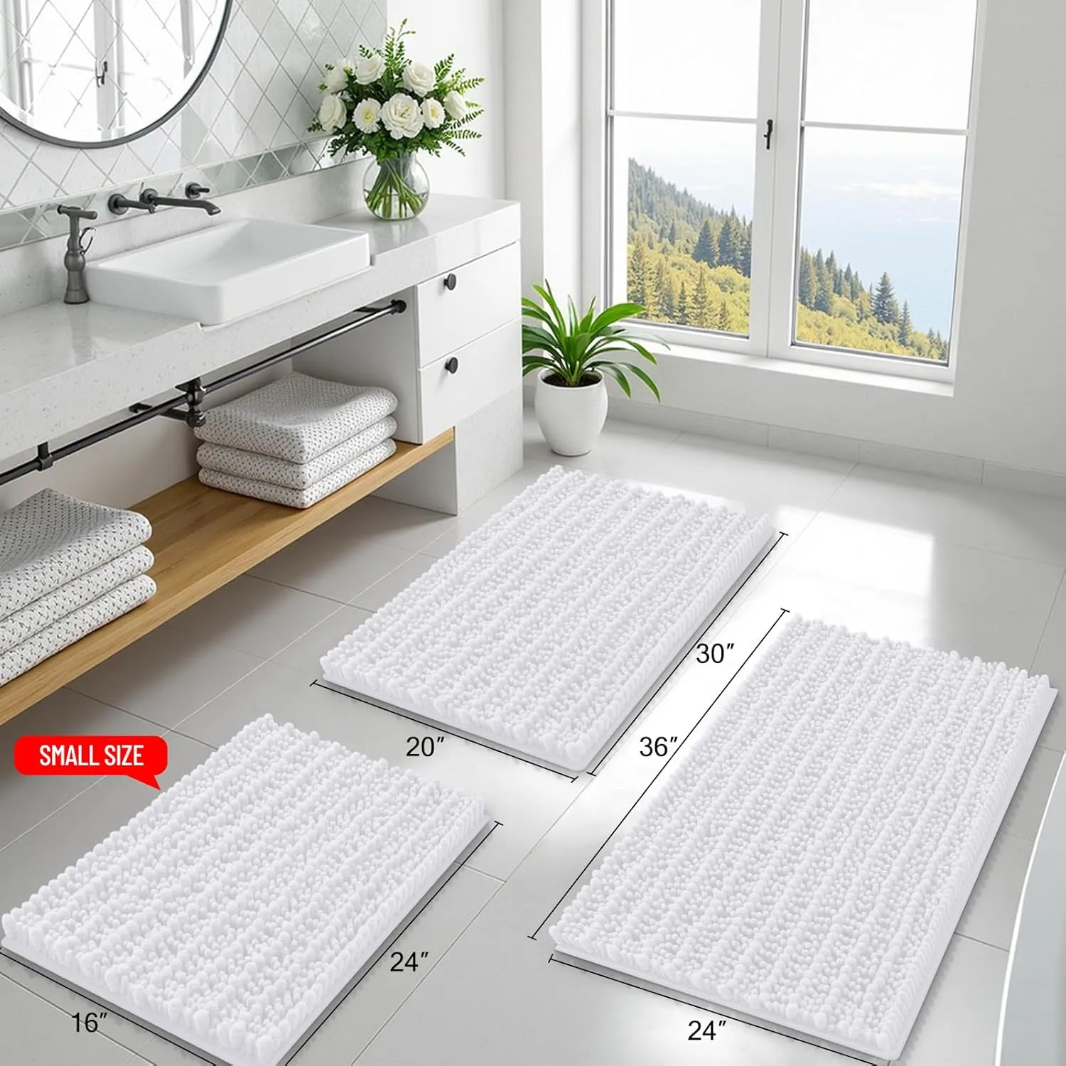 Smiry Bathroom Rugs Mat 30x20, Extra Soft Absorbent Chenille Bath Rugs, Non Slip Rubber Backing Machine Washable Quick Dry Bath Mats for Bathroom Floor, Tub, Shower, Home Decor Accessories, White