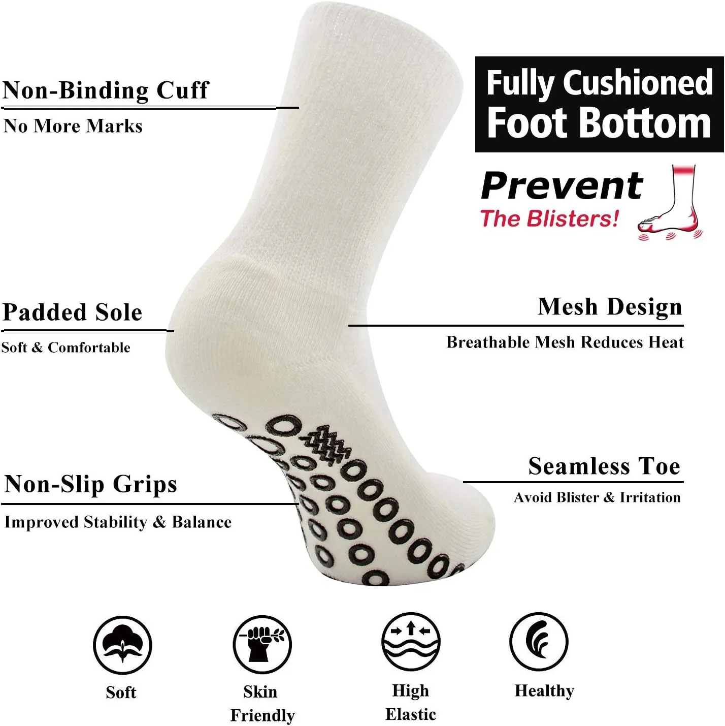 Socks Daze Non-Skid Diabetic Socks for Men Women with Grips, Non-Binding Crew Circulation Half Cushioned Non Slip Socks