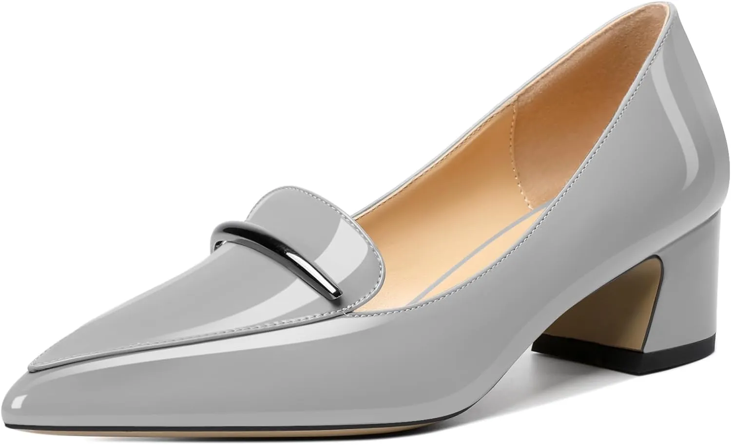 Soireelady Womens Block Heel Low Chunky Heels, Pointed Toe Loafer Heels Slip On Dress Shoes 2 Inches