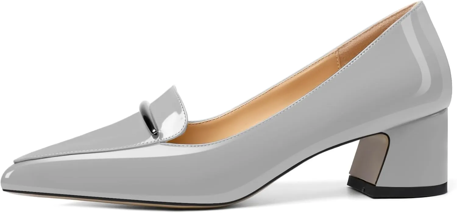 Soireelady Womens Block Heel Low Chunky Heels, Pointed Toe Loafer Heels Slip On Dress Shoes 2 Inches