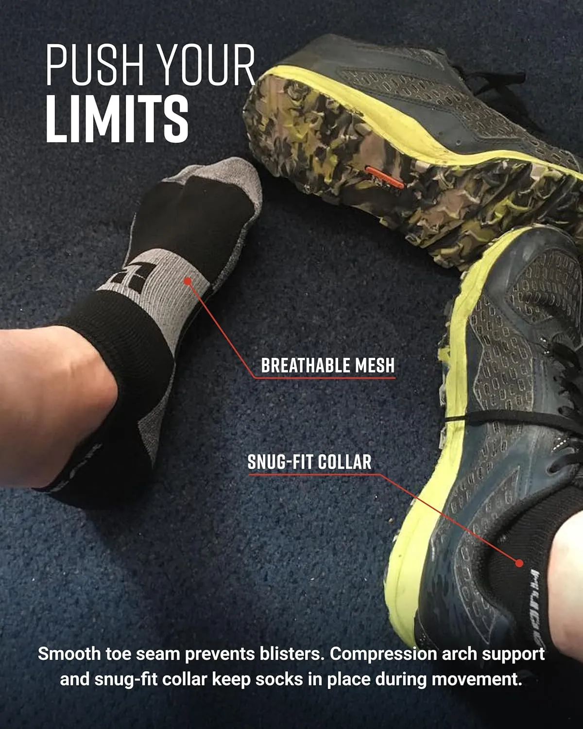 Spartan Race No-Show Running Socks, Cushioned, Non-Slip, Breathable Compression Athletic Ankle Socks, 2-Pack