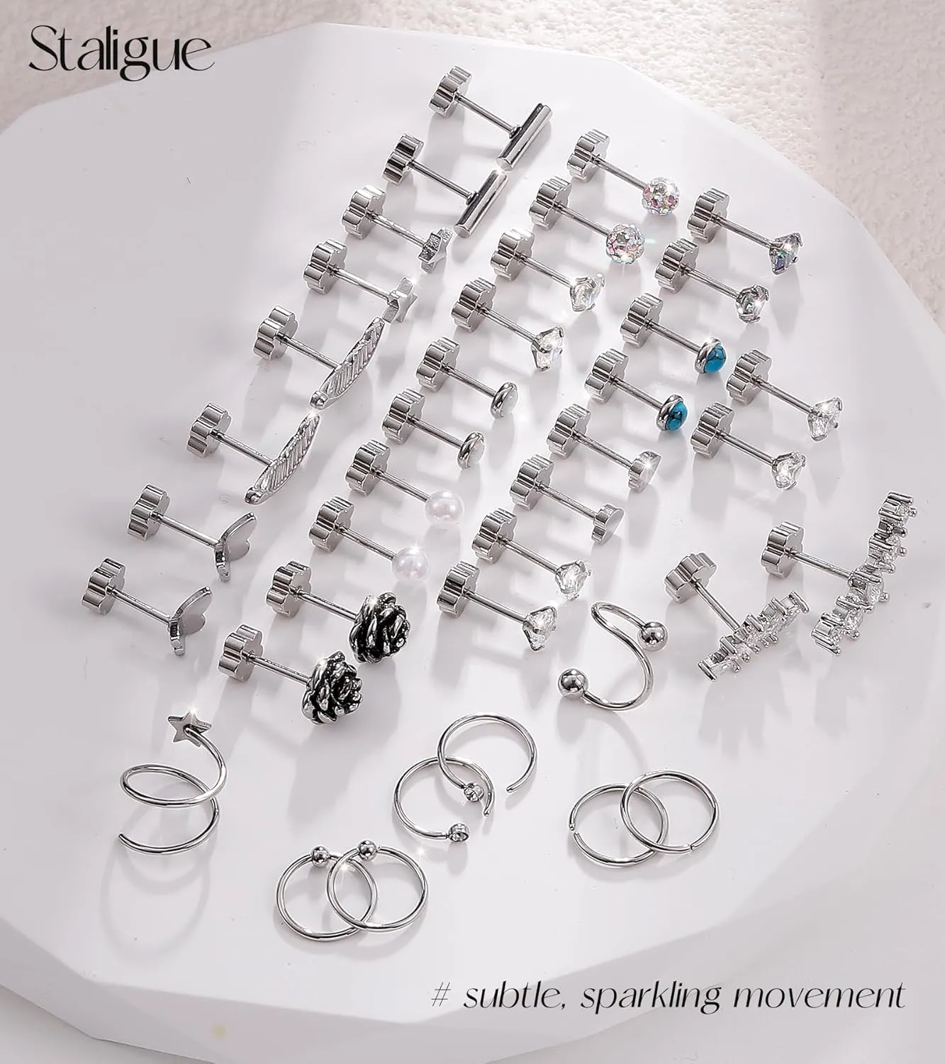 Staligue Surgical Steel Flat Back Earrings Set for Women Men Hypoallergenic 20G Stainless Steel Stud and Hoops Earrings for Sensitive Ears Small Cz Heart Star Moon Opal Cartilage Earrings