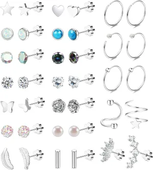 Staligue Surgical Steel Flat Back Earrings Set for Women Men Hypoallergenic 20G Stainless Steel Stud and Hoops Earrings for Sensitive Ears Small Cz Heart Star Moon Opal Cartilage Earrings