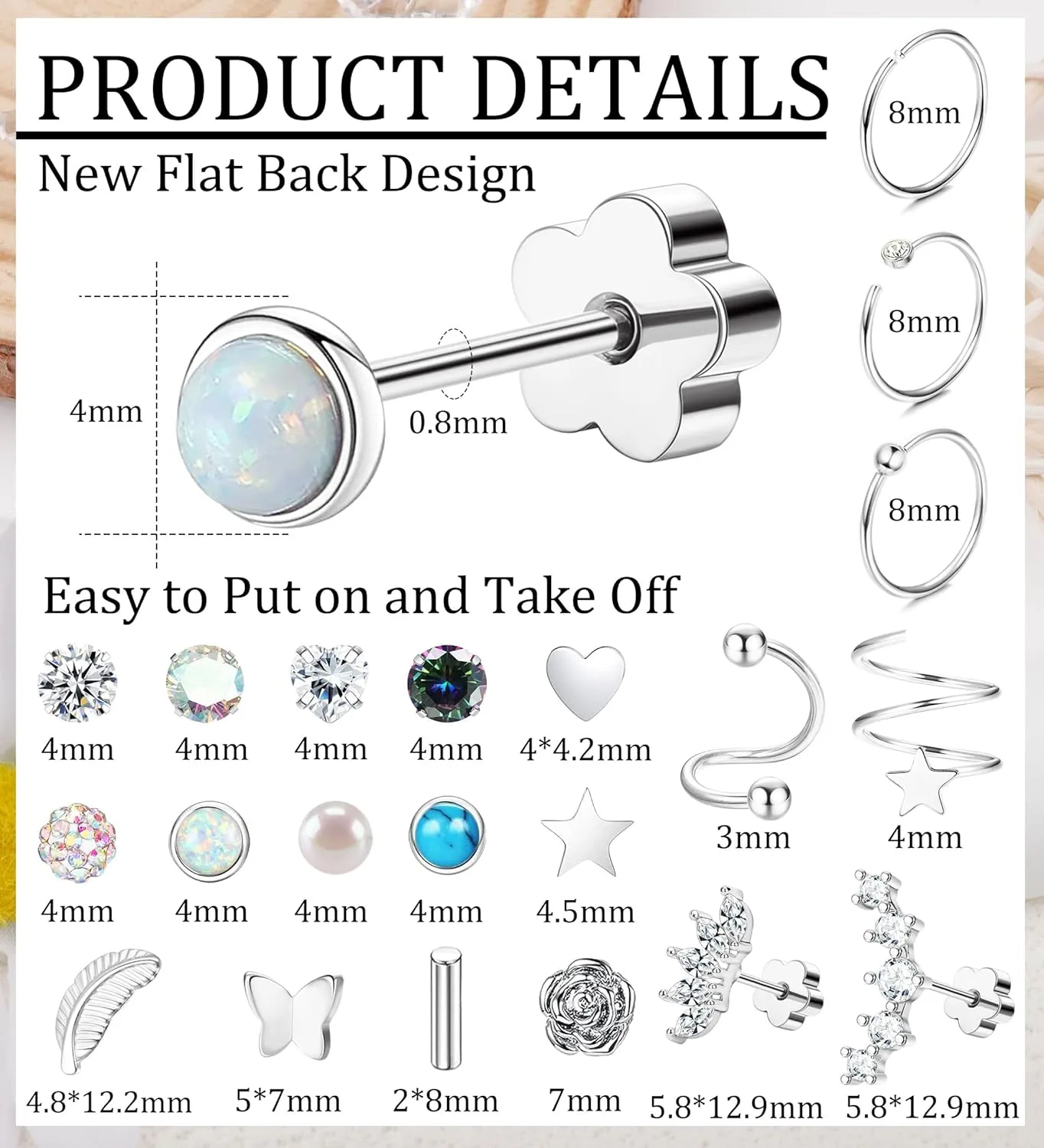Staligue Surgical Steel Flat Back Earrings Set for Women Men Hypoallergenic 20G Stainless Steel Stud and Hoops Earrings for Sensitive Ears Small Cz Heart Star Moon Opal Cartilage Earrings