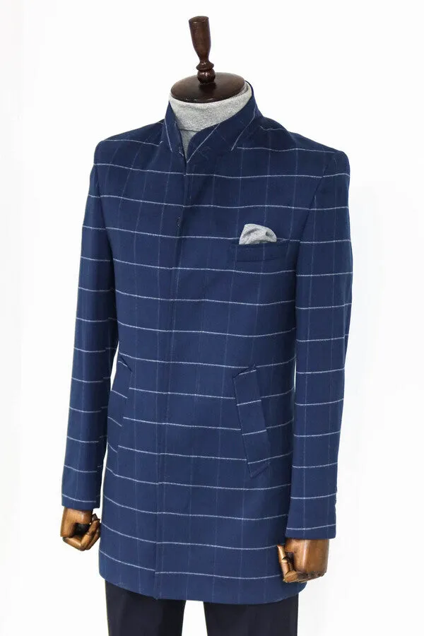 Standing Collar Plaid Blue Men Coat - Wessi