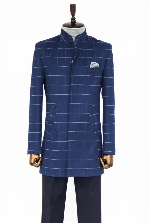 Standing Collar Plaid Blue Men Coat - Wessi