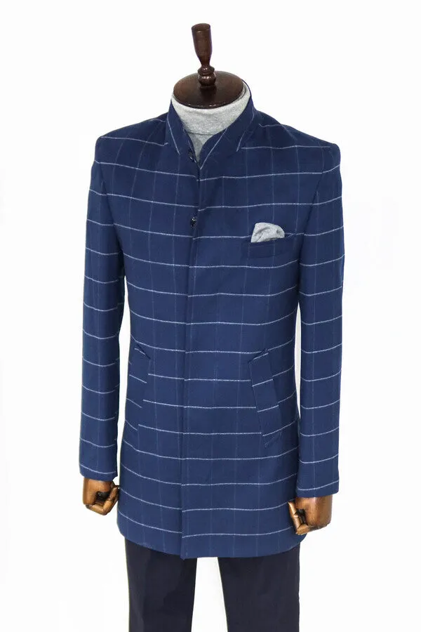 Standing Collar Plaid Blue Men Coat - Wessi