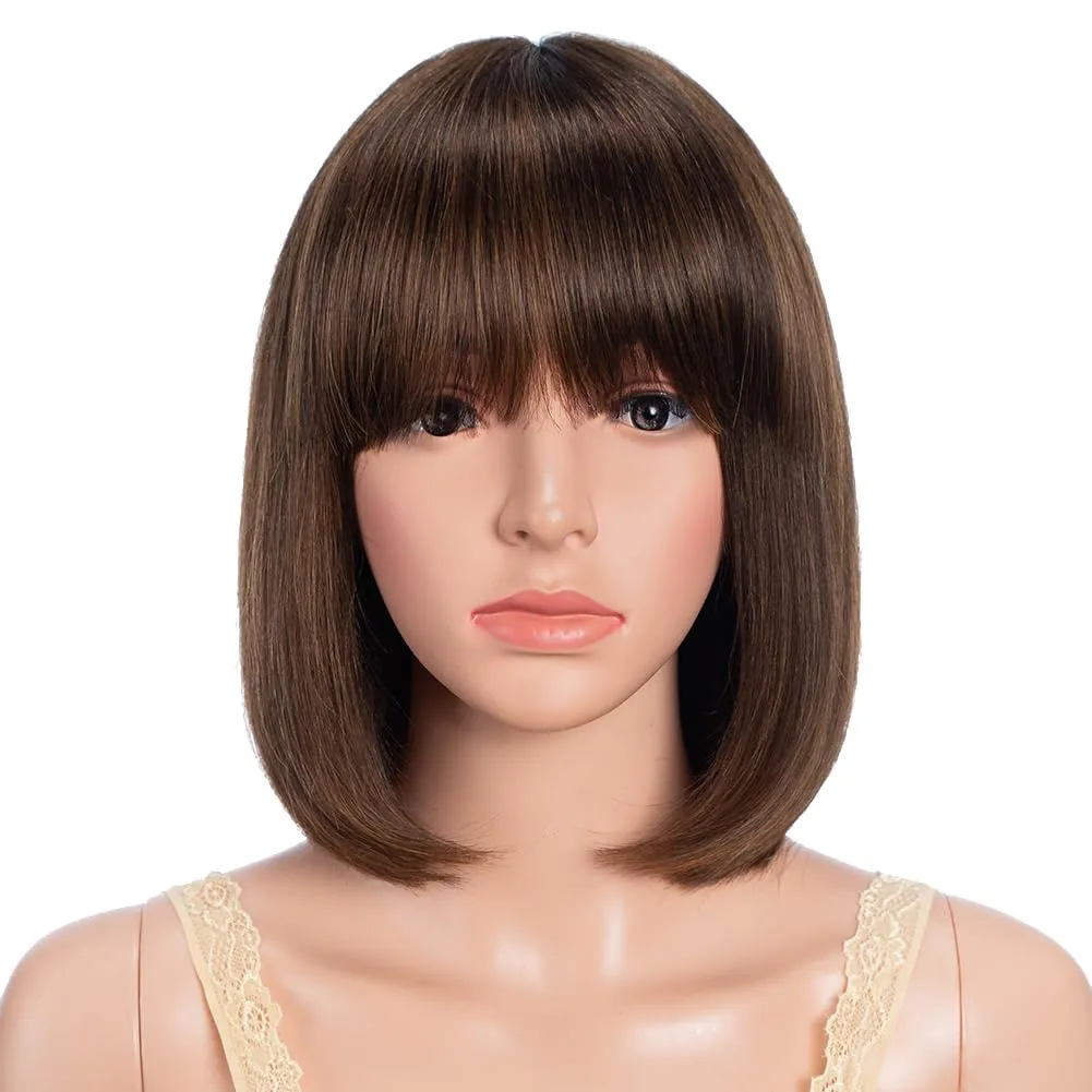 Straight Short Bob Wig with Bangs human hair 10 inch Brown mixed Blonde Bob Wig for Women Brazilian Virgin Hair Glueless Machine Made Wig