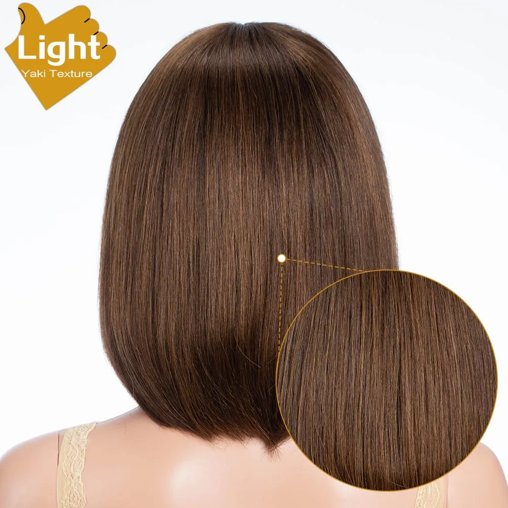 Straight Short Bob Wig with Bangs human hair 10 inch Brown mixed Blonde Bob Wig for Women Brazilian Virgin Hair Glueless Machine Made Wig