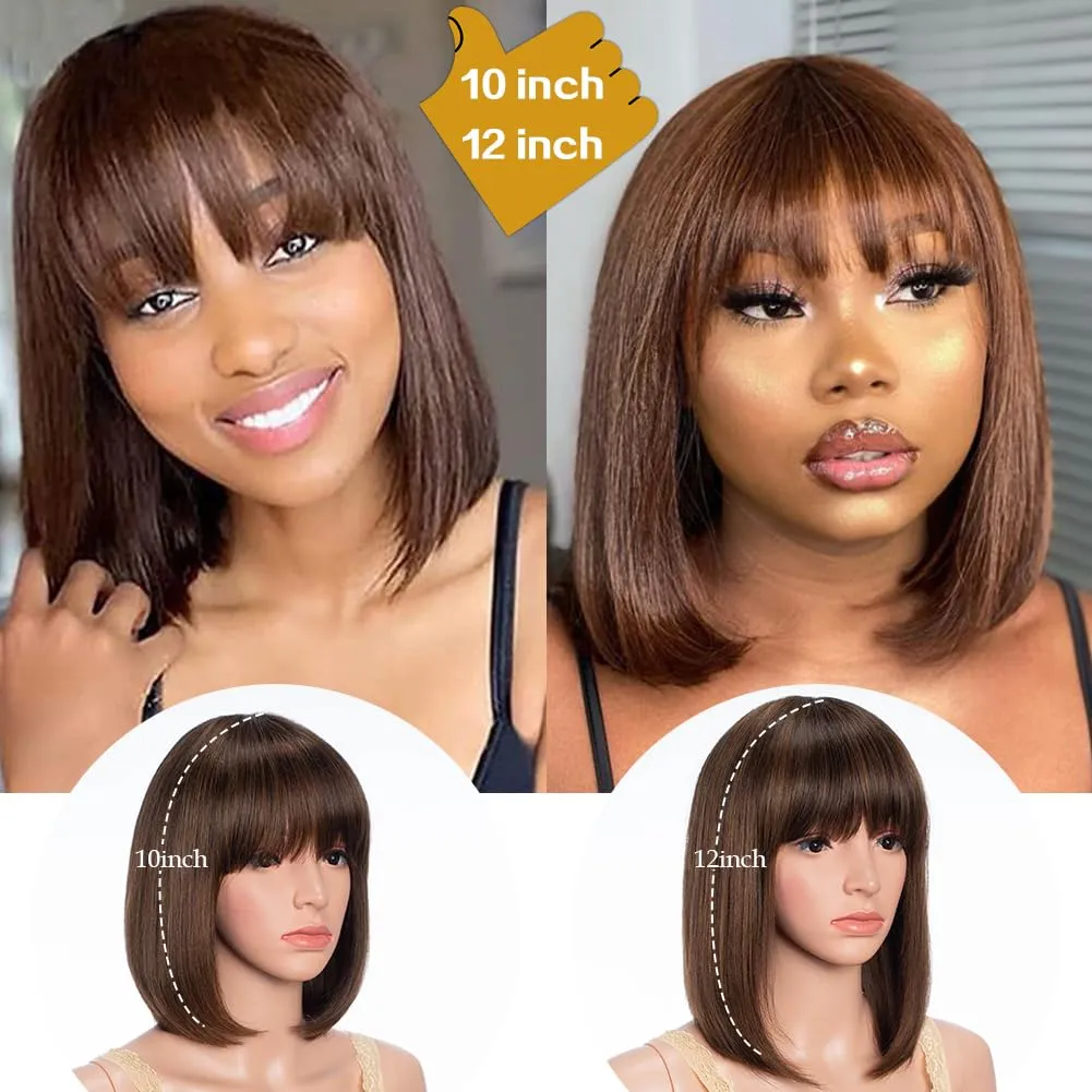 Straight Short Bob Wig with Bangs human hair 10 inch Brown mixed Blonde Bob Wig for Women Brazilian Virgin Hair Glueless Machine Made Wig