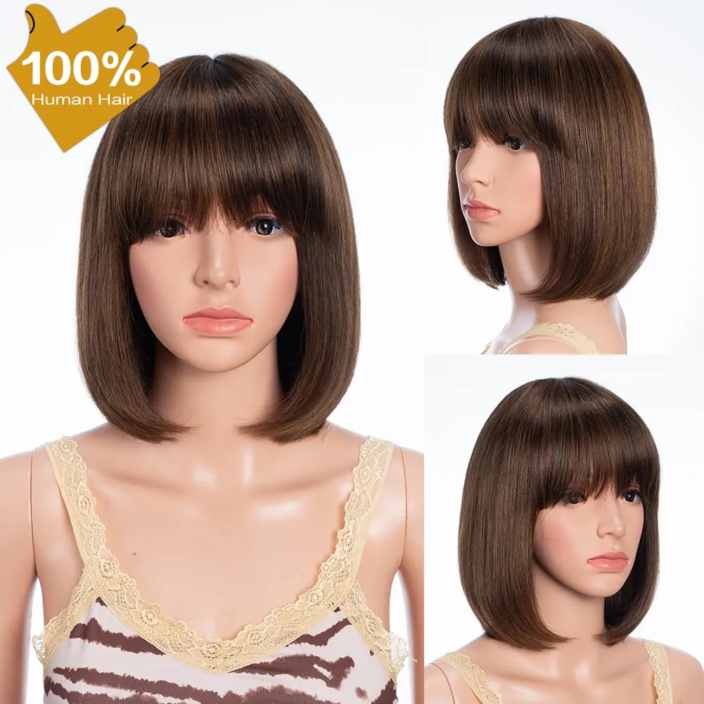 Straight Short Bob Wig with Bangs human hair 10 inch Brown mixed Blonde Bob Wig for Women Brazilian Virgin Hair Glueless Machine Made Wig