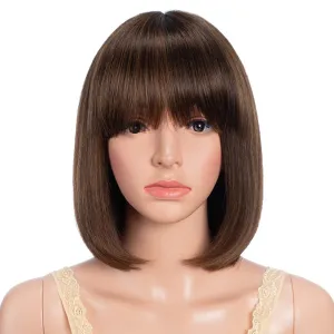 Straight Short Bob Wig with Bangs human hair 10 inch Brown mixed Blonde Bob Wig for Women Brazilian Virgin Hair Glueless Machine Made Wig