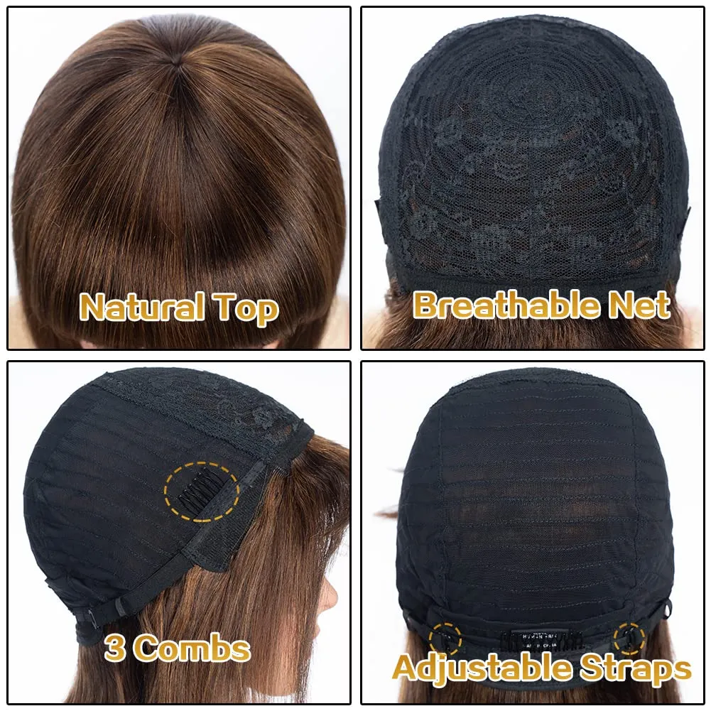 Straight Short Bob Wig with Bangs human hair 10 inch Brown mixed Blonde Bob Wig for Women Brazilian Virgin Hair Glueless Machine Made Wig