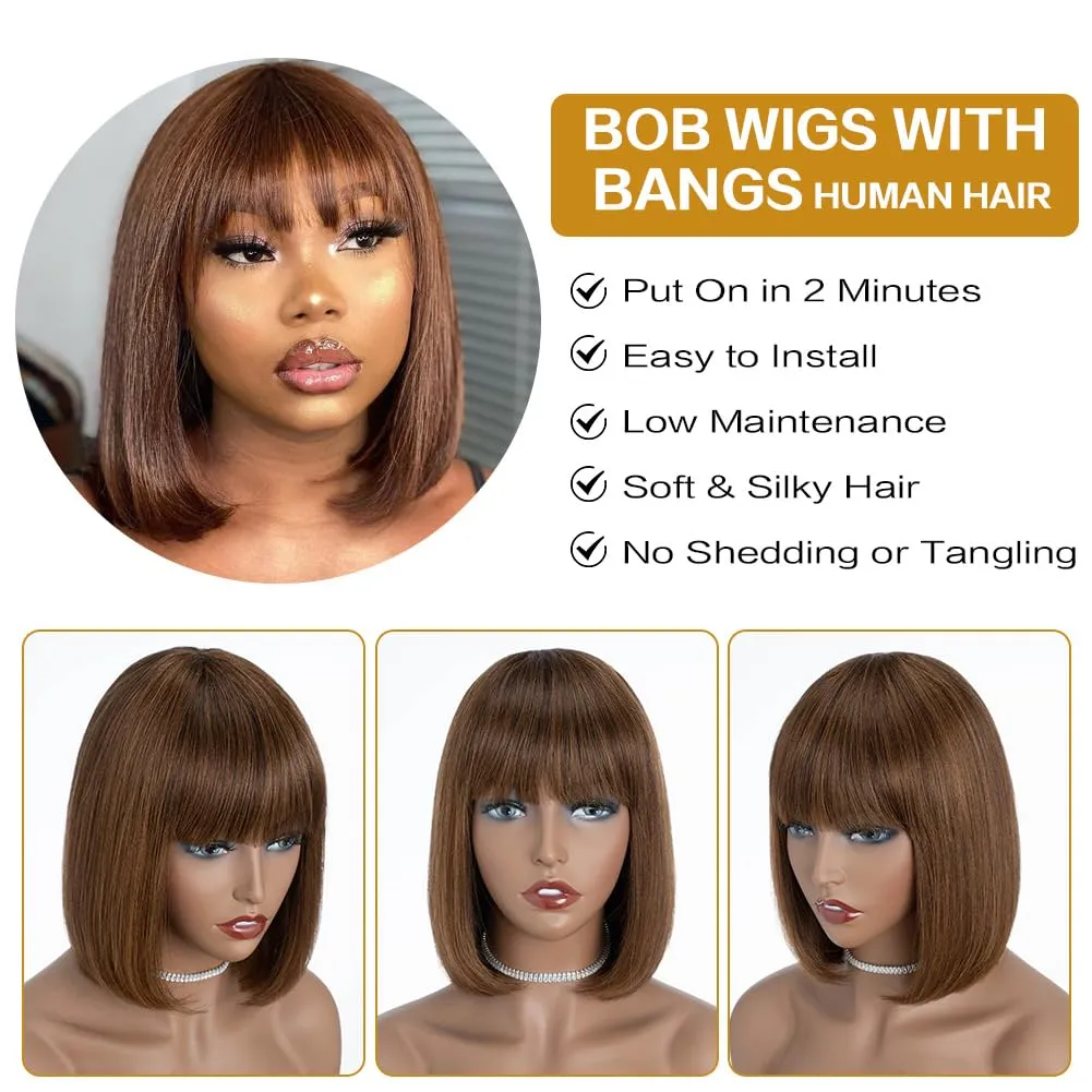 Straight Short Bob Wig with Bangs human hair 10 inch Brown mixed Blonde Bob Wig for Women Brazilian Virgin Hair Glueless Machine Made Wig