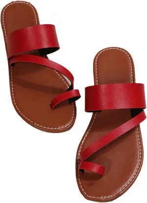 Summer Womens Casual Flat Sandals Vintage Straps Toe Ring Clip Toe Slip on Slides Lightweight Outdoor Slippers Comfortable Ladies Beach Shoes
