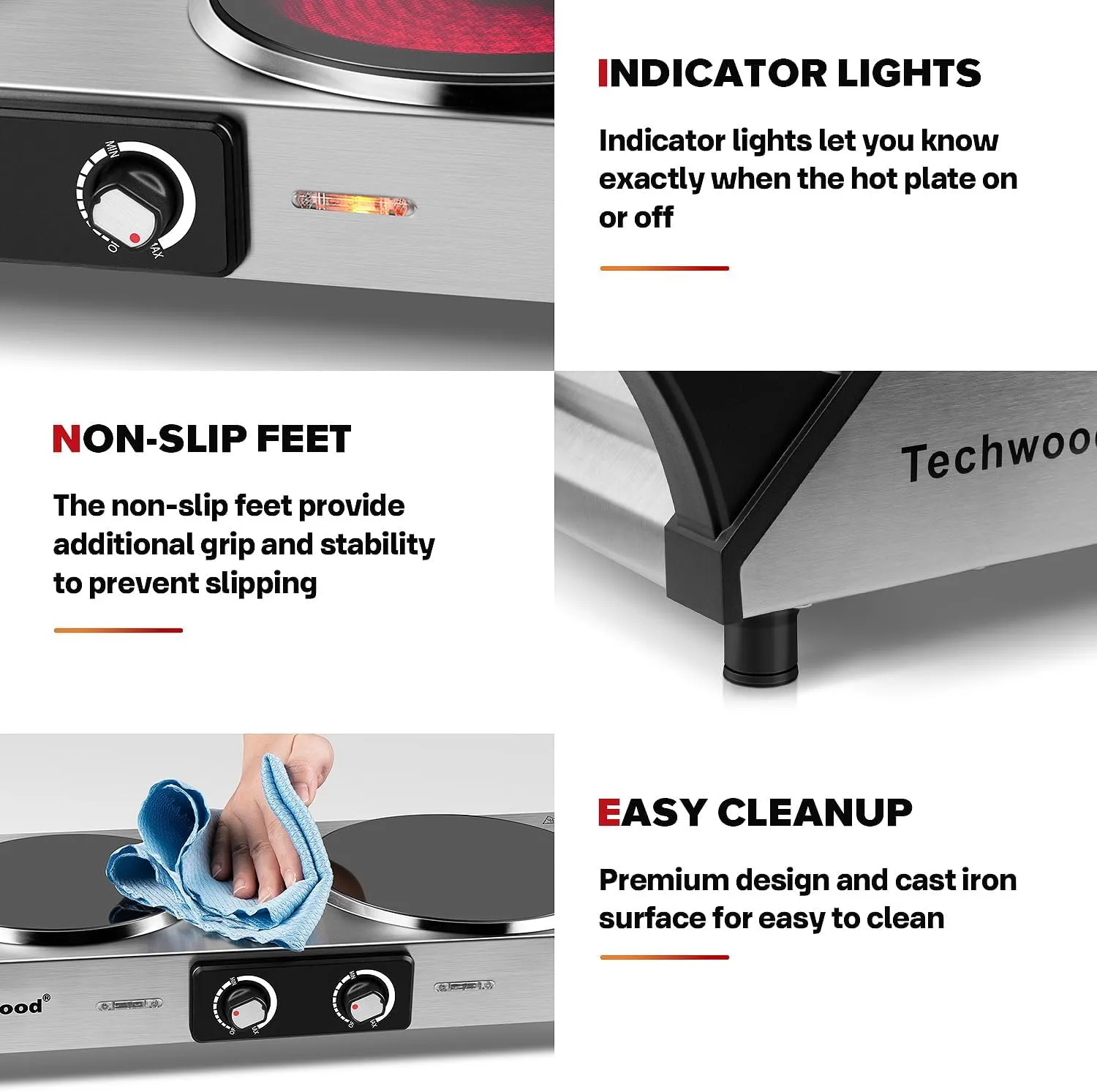 Techwood Electric Stove, Double Infrared Ceramic Hot Plate for Cooking, Two Control Cooktop Burner, Portable Anti-scald handles Suitable for Office/Home/Camp Use, 1800W Compatible for All Cookwares
