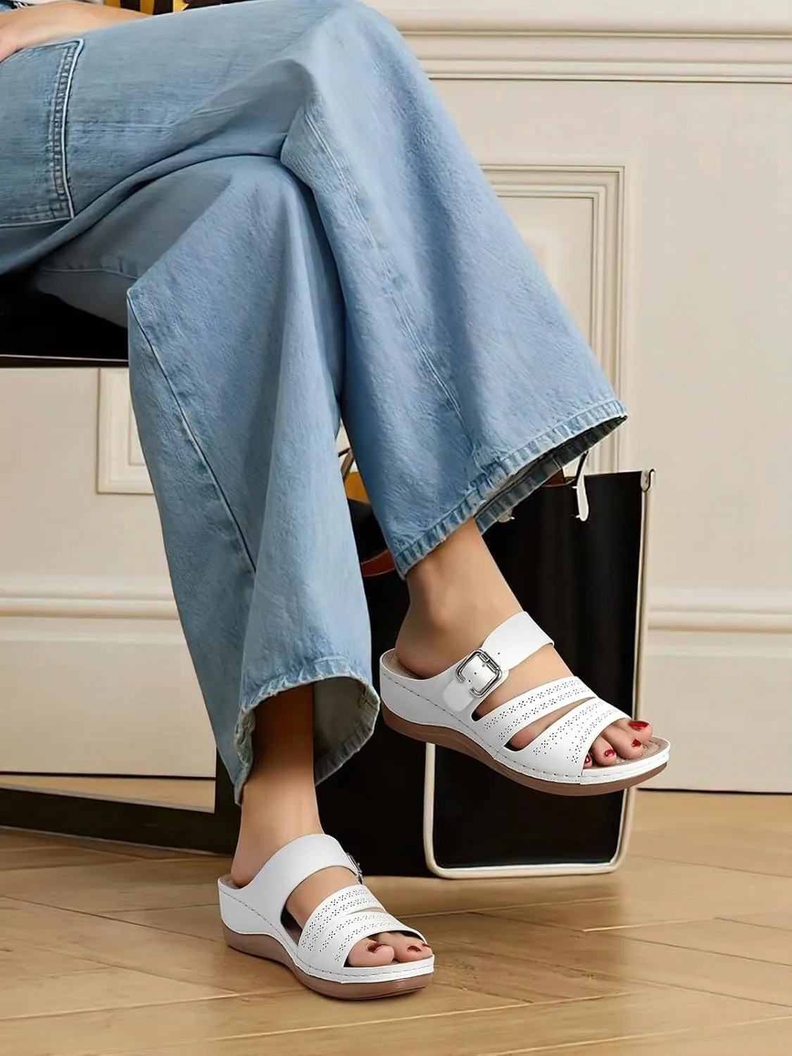 TEMOFON Wedge Sandals for Women Comfortable: Slip On Sandals Women Dressy Summer Flat Sandals Size 5-11