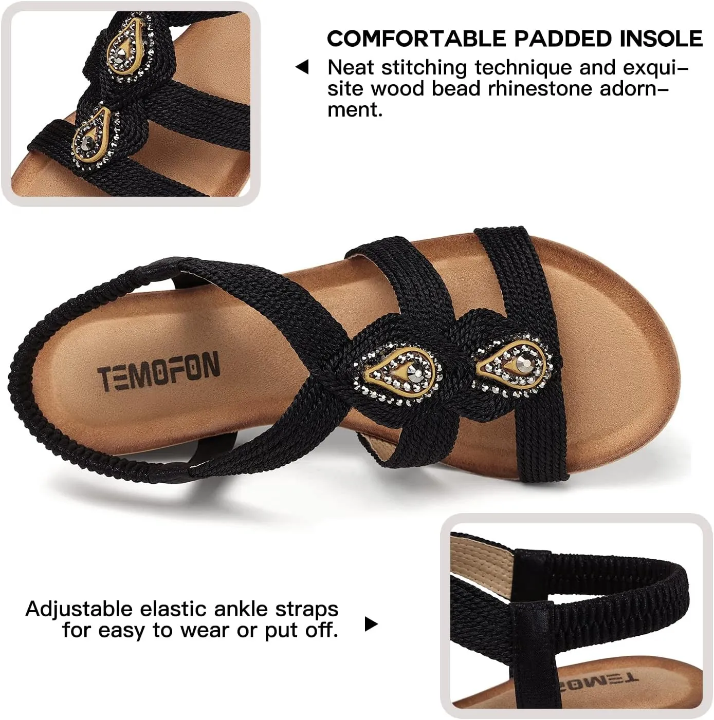 TEMOFON Womens Wedge Dressy Sandals: Elastic Ankle Strap Sandals - Summer Beach Open Toe - Comfortable Walking Sandals Size 5-11