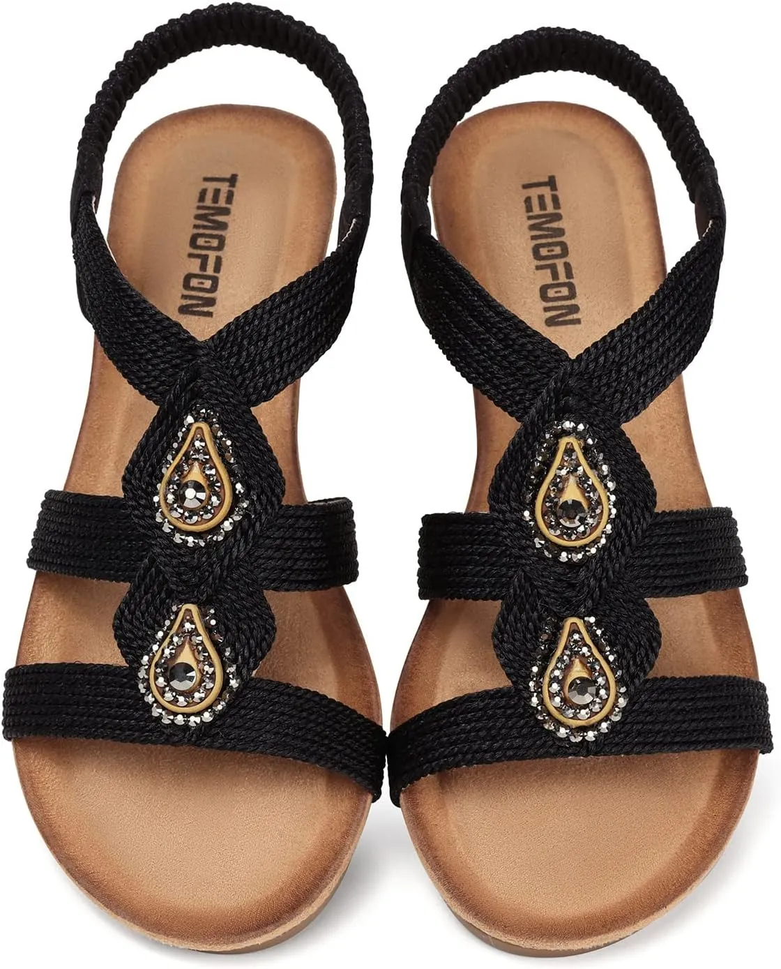 TEMOFON Womens Wedge Dressy Sandals: Elastic Ankle Strap Sandals - Summer Beach Open Toe - Comfortable Walking Sandals Size 5-11