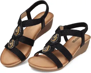 TEMOFON Womens Wedge Dressy Sandals: Elastic Ankle Strap Sandals - Summer Beach Open Toe - Comfortable Walking Sandals Size 5-11