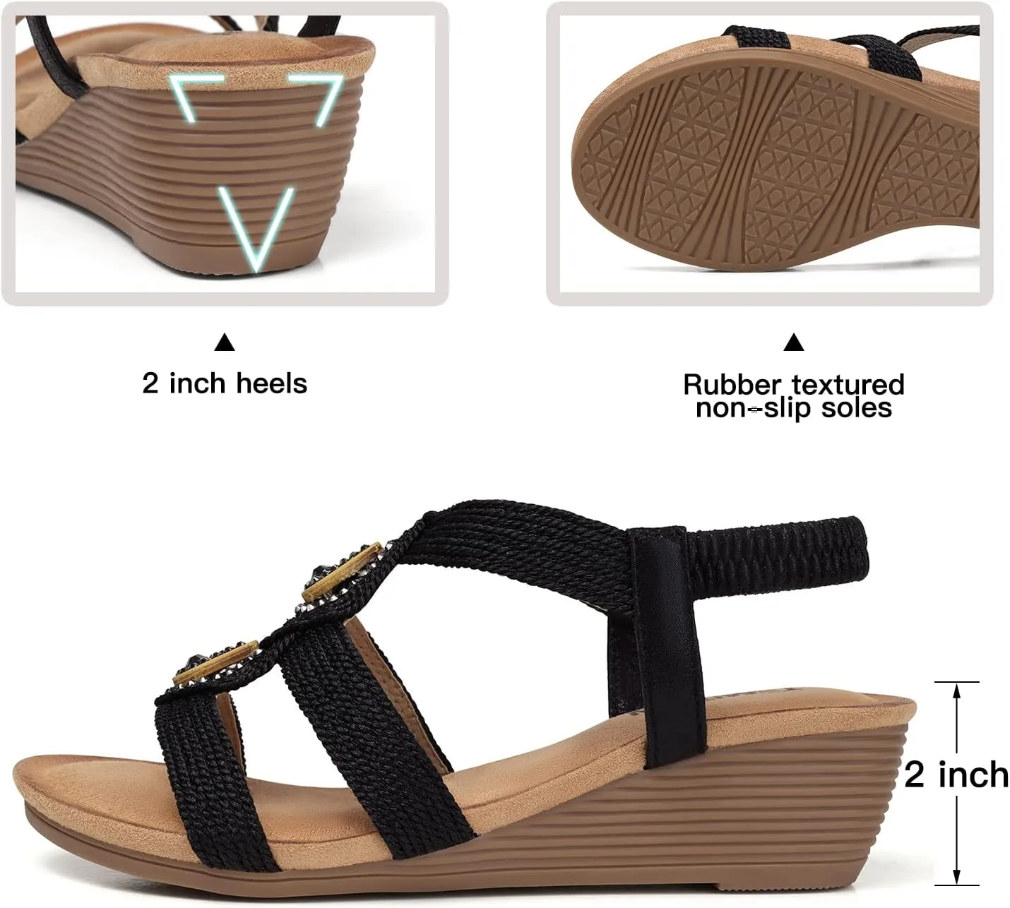 TEMOFON Womens Wedge Dressy Sandals: Elastic Ankle Strap Sandals - Summer Beach Open Toe - Comfortable Walking Sandals Size 5-11