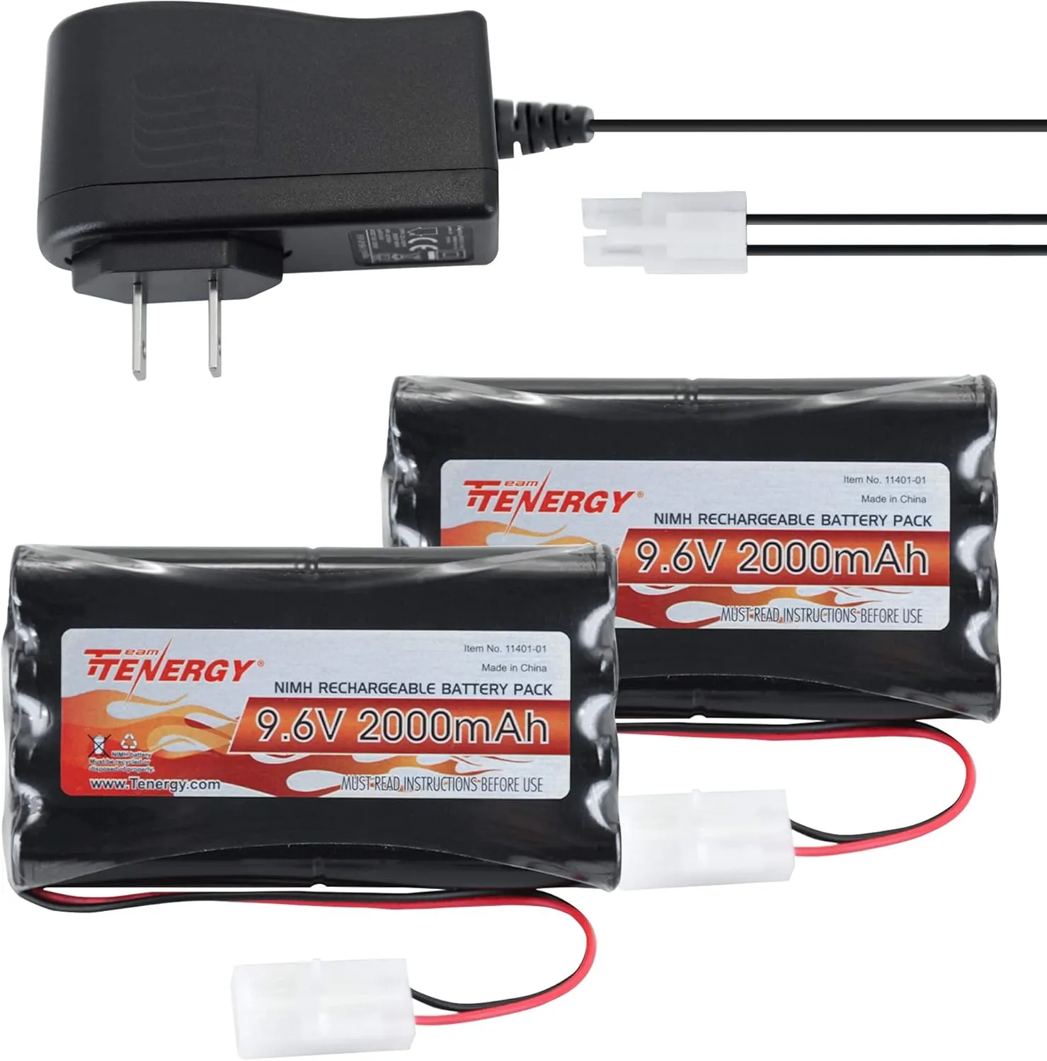Tenergy 2 Pack 9.6V Flat NiMH Battery Packs and Charger for RC Cars High Capacity 8-Cell 2000mAh Rechargeable Battery Pack, Replacement Hobby Battery Pack with Standard Tamiya Connectors