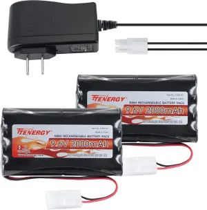 Tenergy 2 Pack 9.6V Flat NiMH Battery Packs and Charger for RC Cars High Capacity 8-Cell 2000mAh Rechargeable Battery Pack, Replacement Hobby Battery Pack with Standard Tamiya Connectors