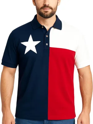 Texas Flag Lone Star Polo Shirts for Men Short Sleeve 100% Cotton, Pique Polo Styling, Three Button Placket