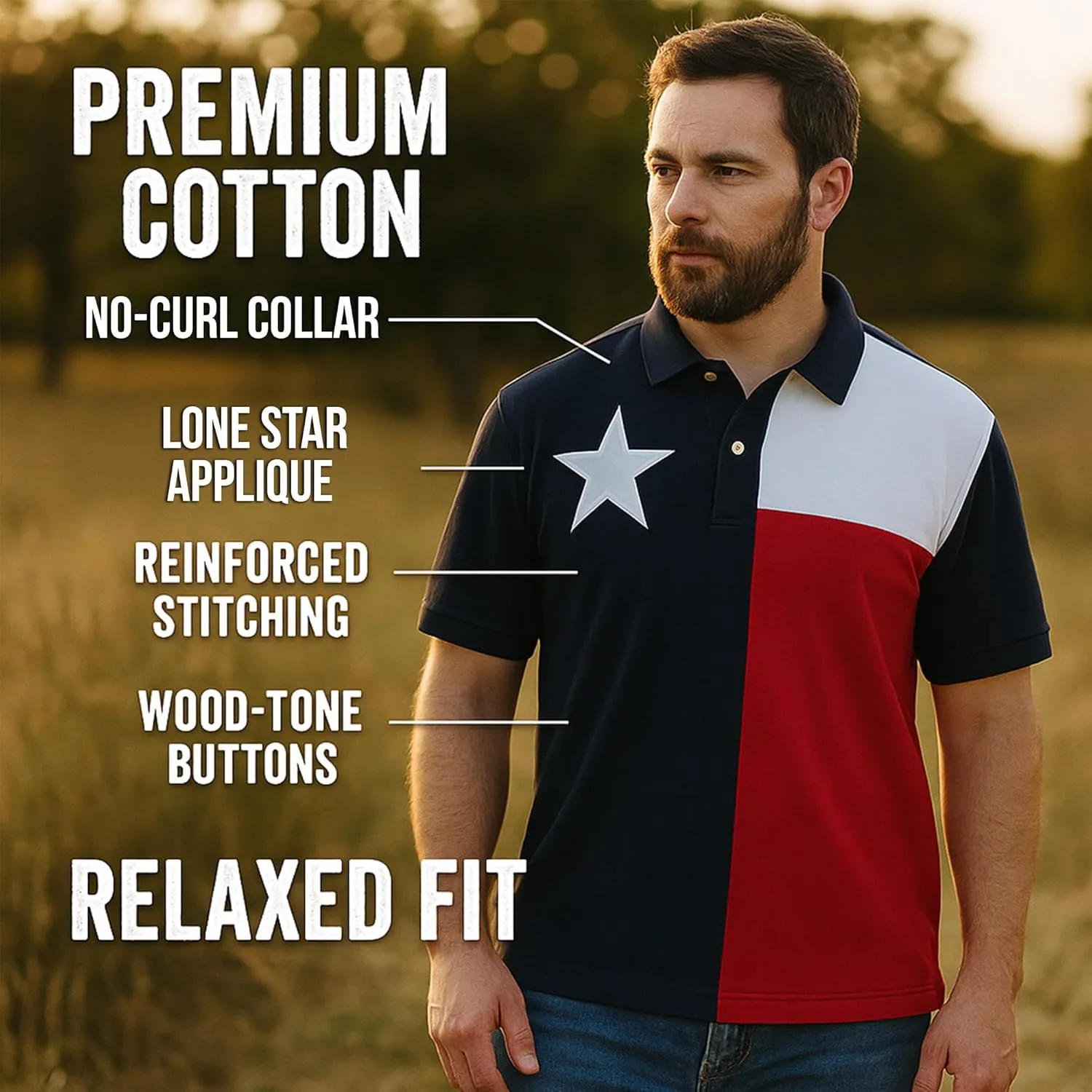 Texas Flag Lone Star Polo Shirts for Men Short Sleeve 100% Cotton, Pique Polo Styling, Three Button Placket