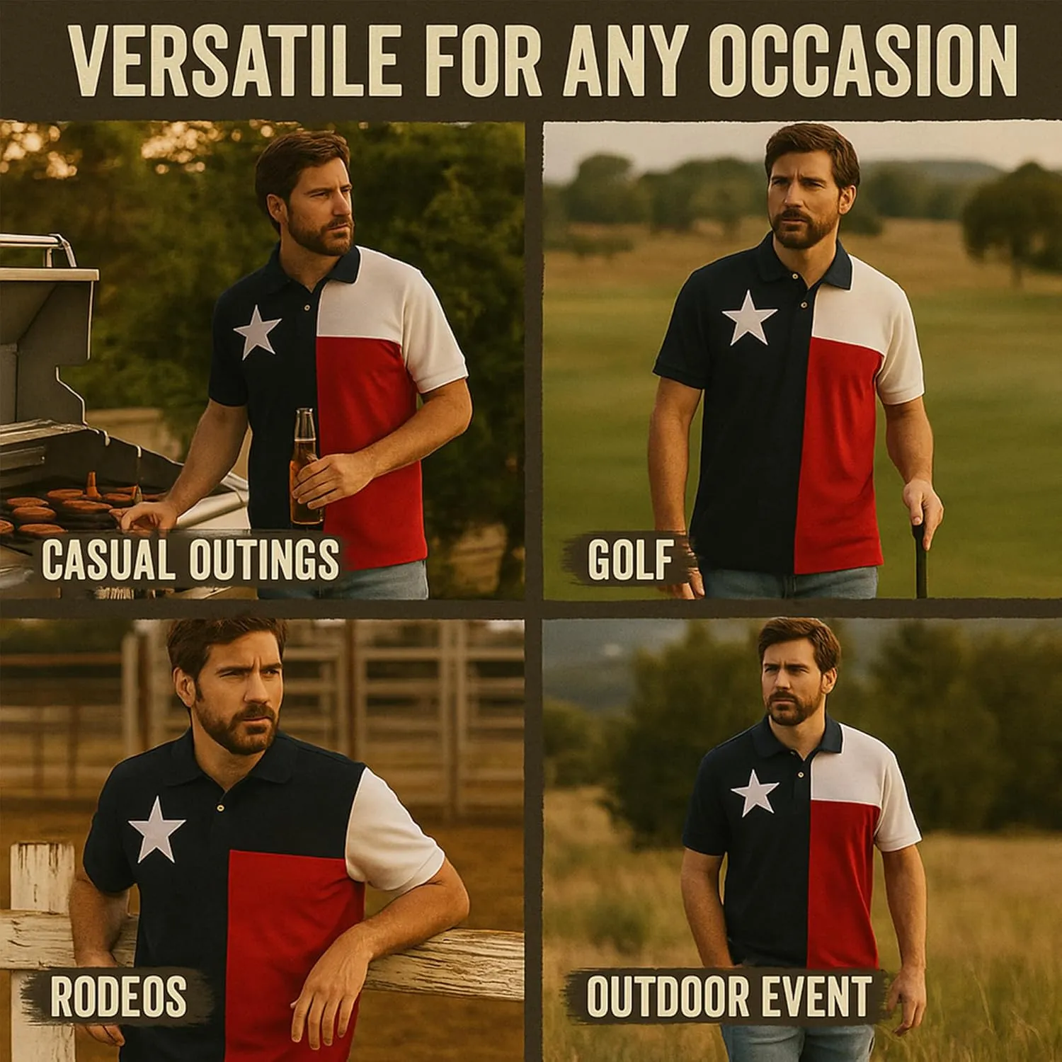 Texas Flag Lone Star Polo Shirts for Men Short Sleeve 100% Cotton, Pique Polo Styling, Three Button Placket