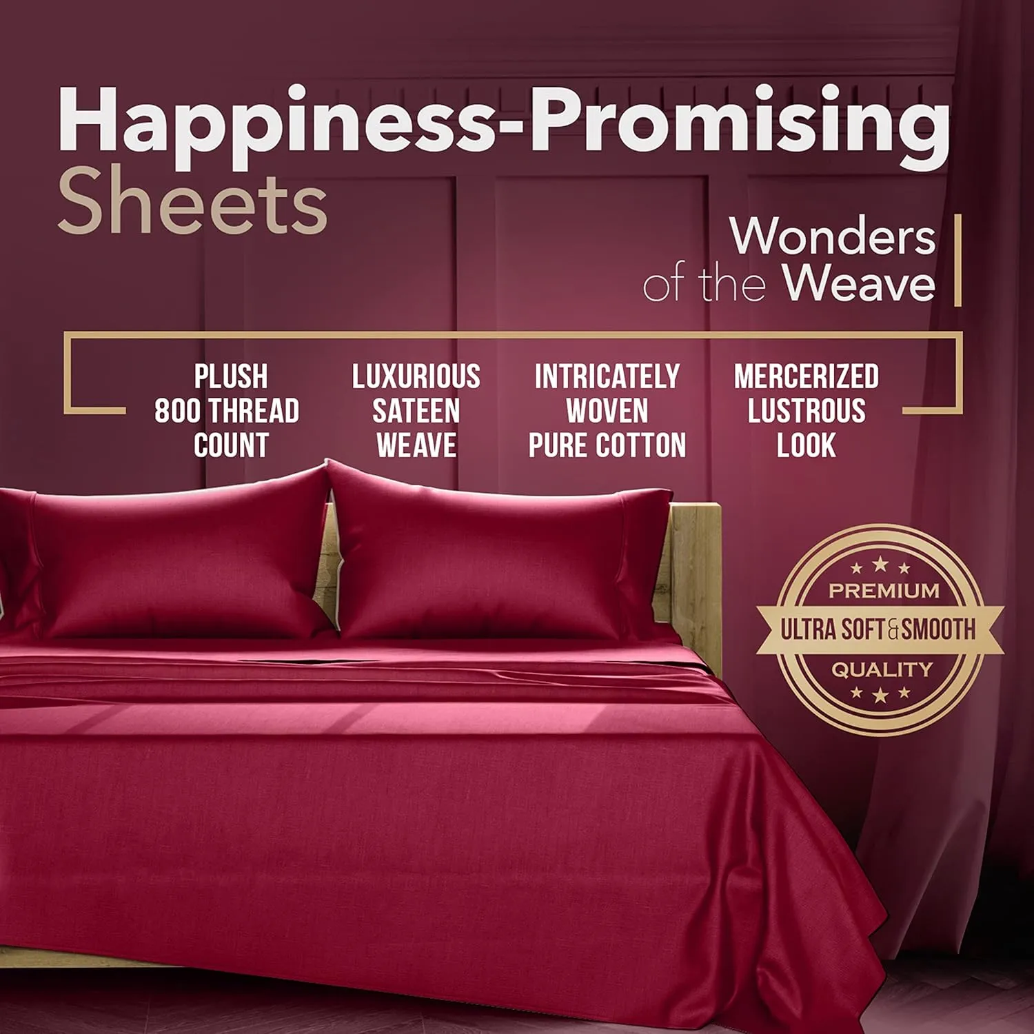 TEXAS LINEN CO. 100% Egyptian Cotton King Bed Sheets - 800 Thread Count 4 PC Burgundy King Sheet Set, Sateen Weave Luxury Hotel Sheets, Cooling Bedsheet, 16" Deep Pocket (Fits Upto 18" Mattress)
