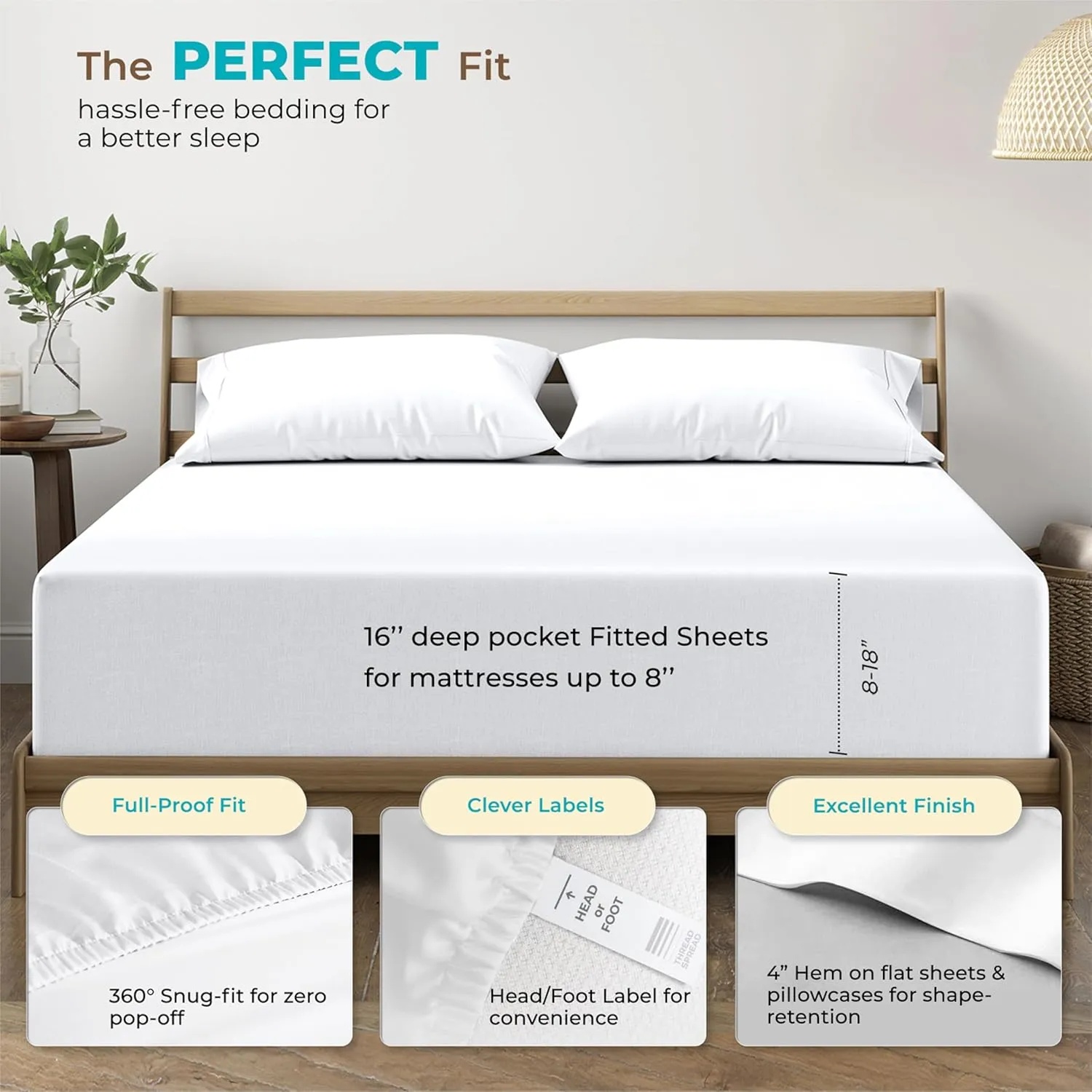 THREAD SPREAD 100% Egyptian Cotton Sheets Queen Size Bed Set - 4 PC 800 High Thread Count Egyptian Cotton Queen Sheet Set (White) Soft, Cooling, 16" Deep Pocket Sateen Weave Luxury Hotel Bedsheet